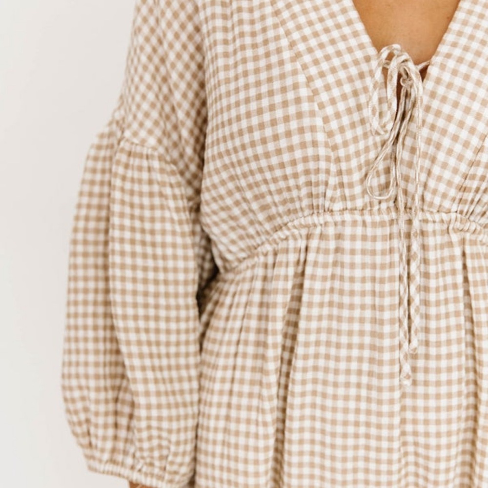 Worth Collective Hunter Printed Gauze Midi Dress in Natural Plaid, Tan Gingham